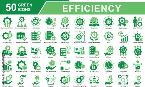 Efficiency Icon Set Collection. Containing Operational Efficiency, Resource Management, Optimization, Producticity, Cost Reduction, Time Management, Efficiency Ratio. Simple Green Vector Illustration