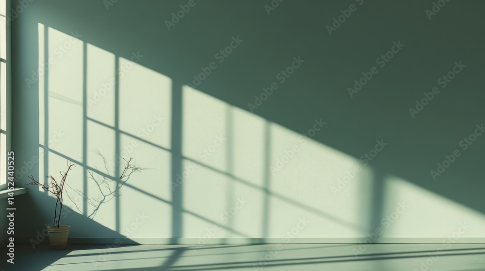 Obraz premium Sunlight casts shadows on a pale green room