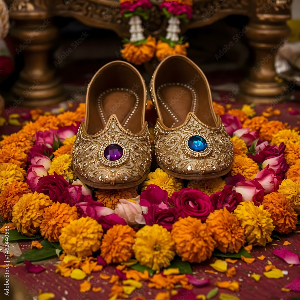 Fototapeta premium Traditional Indian Jutti Shoes with Floral Marigold and Rose Decoration