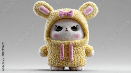 Grumpy cartoon cat wearing a fluffy bunny costume with pink bow