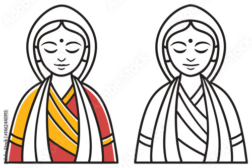 Serene Indian woman with closed eyes in traditional saree shown in color and monochrome