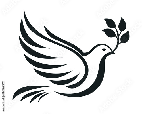 Elegant flying dove illustration, hope and serenity graphic design on a white background