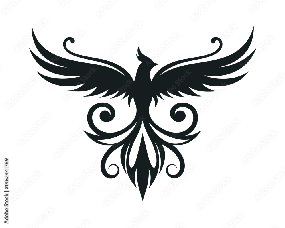 Obraz premium Elegant bird silhouette with spread wings, monochrome avian vector icon on a white background