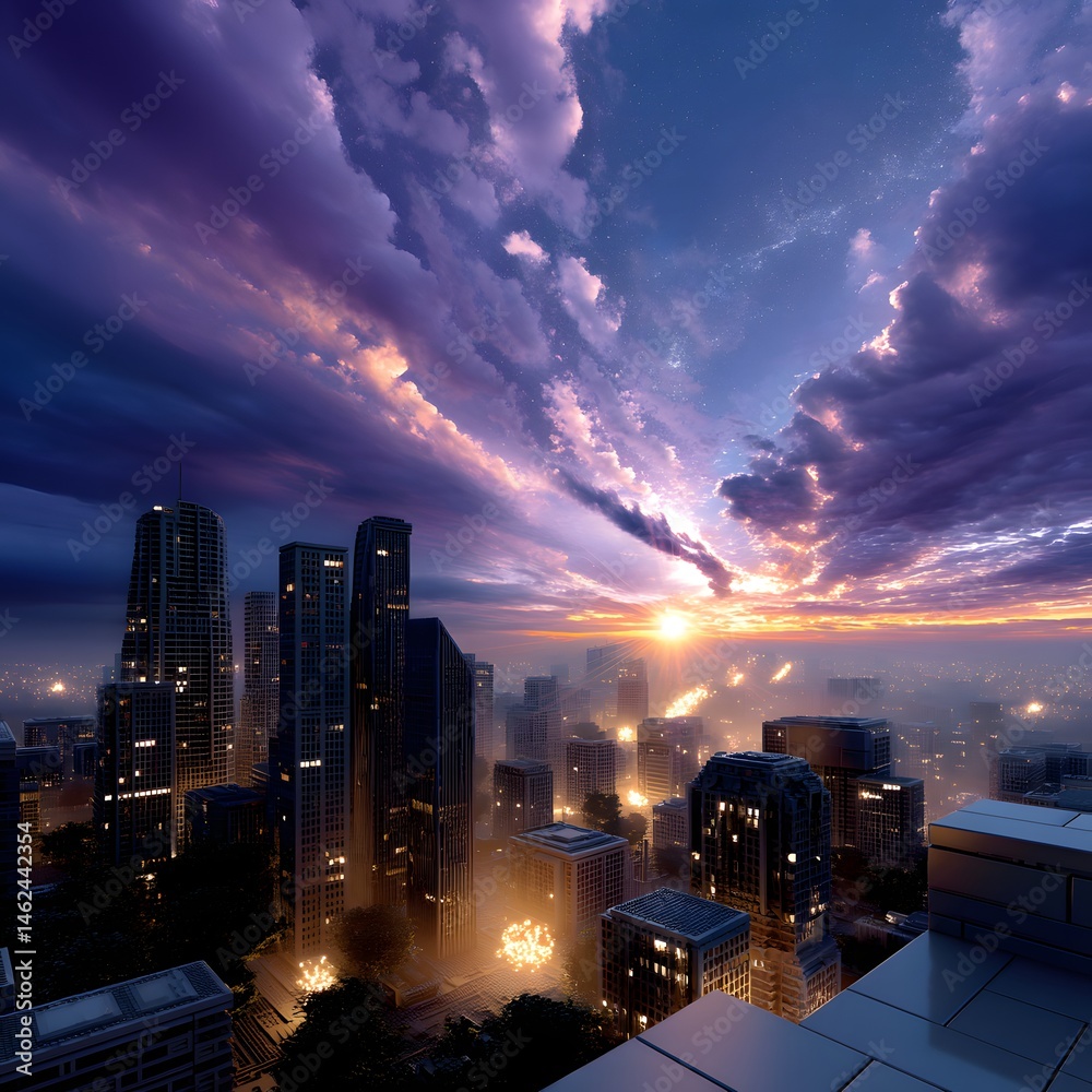 Fototapeta premium Stunning Urban Sunset Over Skyscrapers with Dramatic Clouds and Illuminated Cityscape