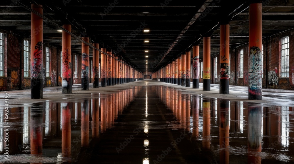 Fototapeta premium An abandoned industrial warehouse with graffiti