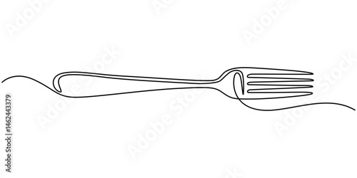 Silverware Continuous Line Icon, Cuisine continuous line drawing with color shapes, Cutlery Continuous Line Illustration, Fork and spoon icon vector, Black and White kitchen stainless steel spoon.