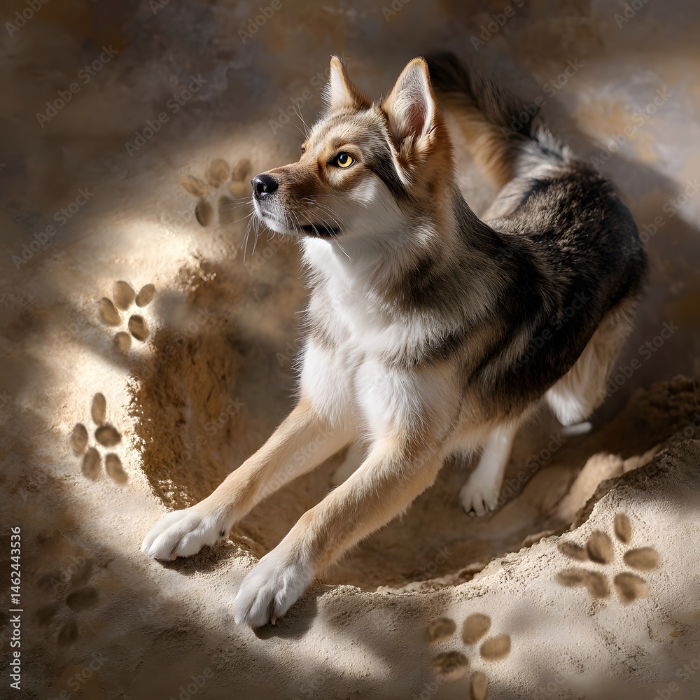 Majestic Wolf in a Natural Setting with Paw Prints on Sand and Sunlight Play
