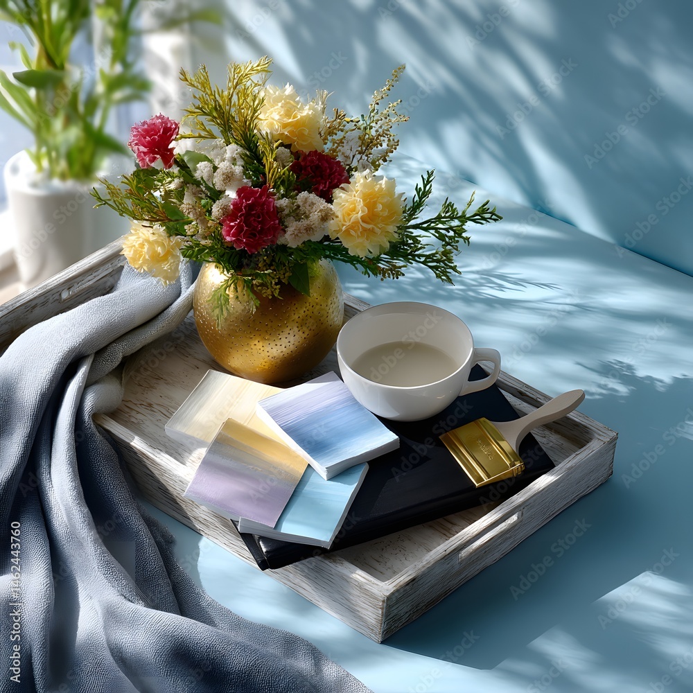 Cozy Coffee Break with Fresh Flowers, Colorful Pastel Notes, and a Relaxing Atmosphere