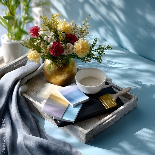 Obraz na płótnie Cozy Coffee Break with Fresh Flowers, Colorful Pastel Notes, and a Relaxing Atmosphere w salonie