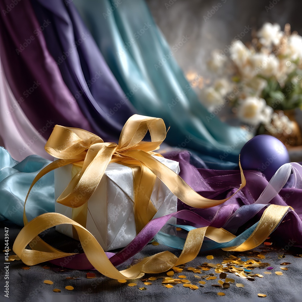 Elegant Gift Box Surrounded by Colorful Ribbons and Decorative Elements for Festive Celebrations
