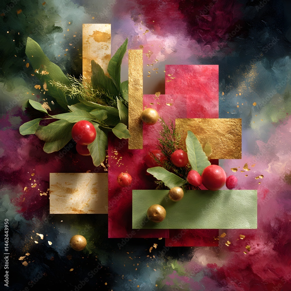 Festive Holiday Arrangement with Red Green and Gold Elements on Artistic Background