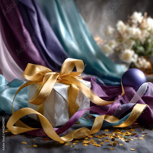 Obraz na płótnie Elegant Gift Box Surrounded by Colorful Ribbons and Decorative Elements for Festive Celebrations w salonie