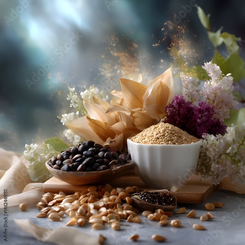 Obraz na płótnie Beautiful Arrangement of Various Grains and Seeds with Fresh Flowers on a Soft Background w salonie