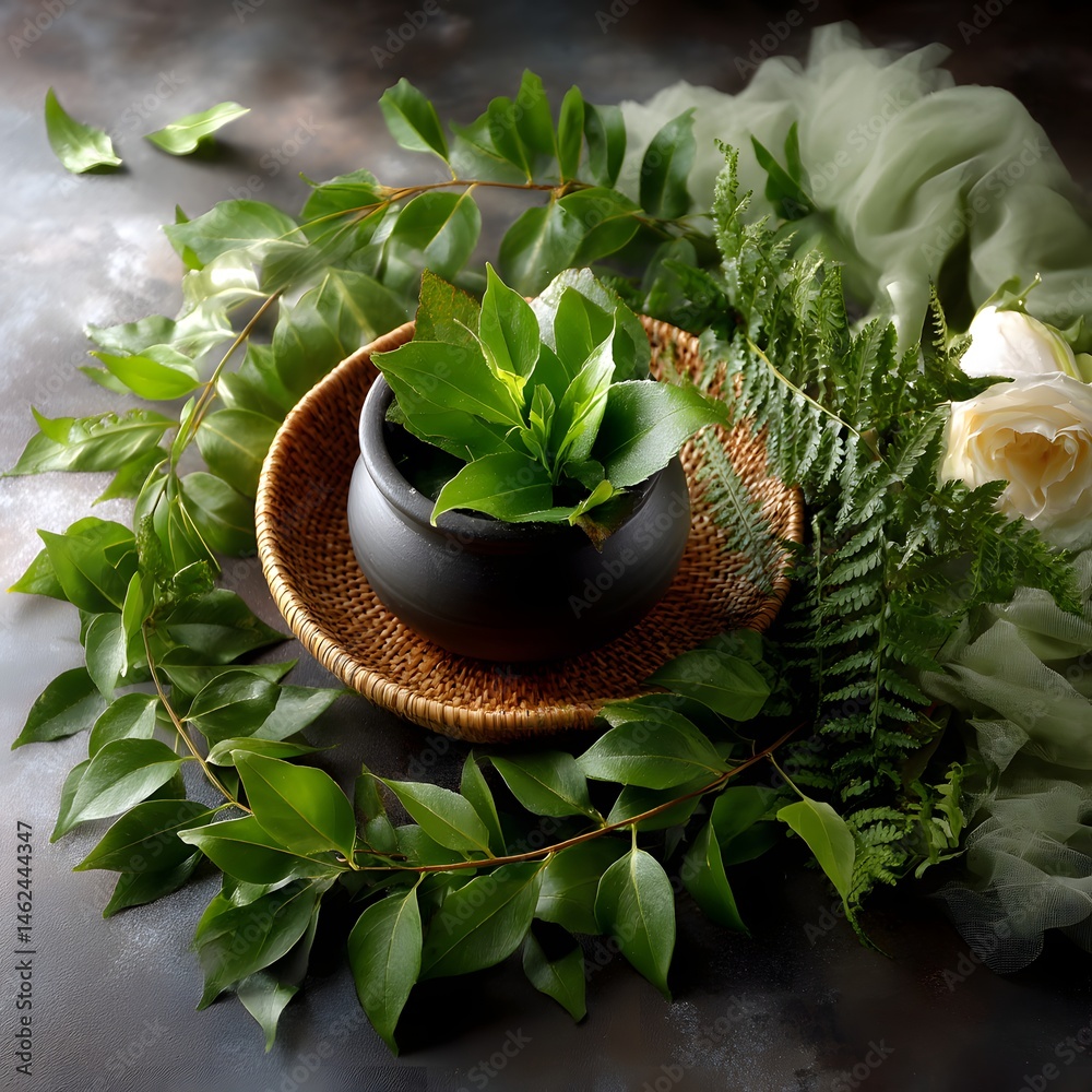 Lush Green Leaves and Potted Plant Decorated with Natural Elements and Textiles
