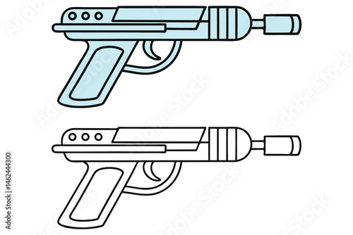We observe two ray guns, one colored pale blue, on a plain white background