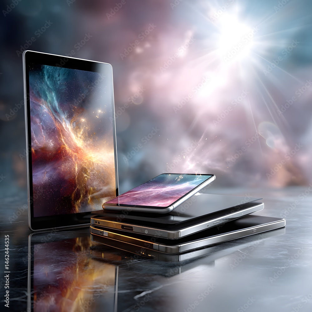 Modern Electronic Devices with Galaxy Background and Bright Light Effect