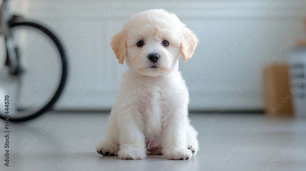 Obraz premium Cream Toy Poodle Puppy Indoor Soft Lighting, High-Resolution, Front-Facing Portrait, Fluffy Coat, Sitting Attentively, Blurred Background, Warm Gentle Tones, Perfect for Pet Adoption Ads