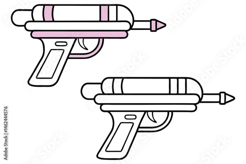 Two futuristic toy ray guns feature black outlines and subtle pink accents on transparent background