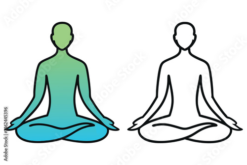 Two faceless figures show meditation in a lotus position, one is shaded and one is outlined