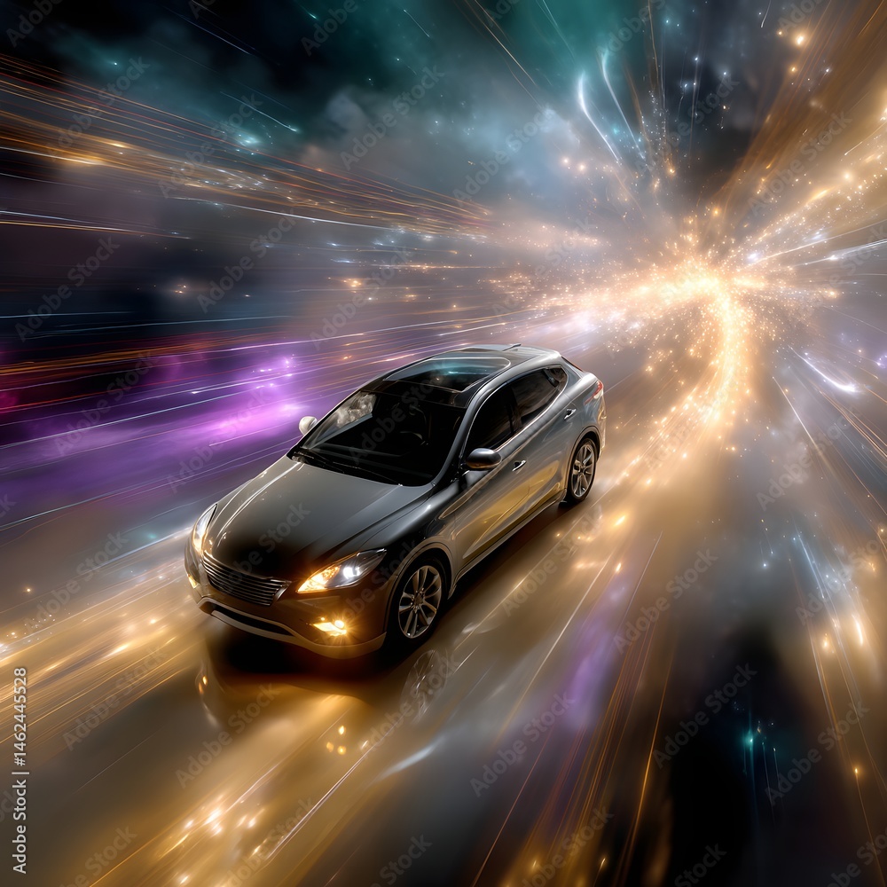 Futuristic Car Surrounded by Colorful Light Trails and Cosmic Energy in Motion