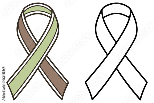 Ribbon shows army and cancer awareness with brown and green colors and black outline