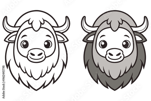 Cartoon yak showcases adorable face, one in grayscale, one in line art style