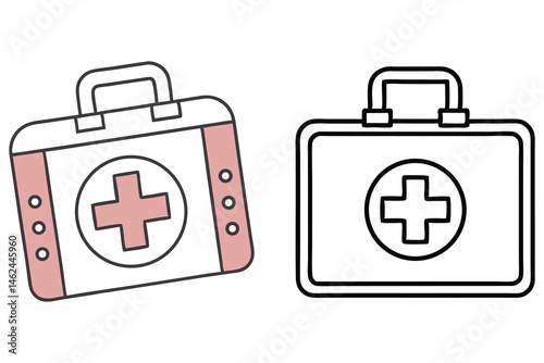 Two first aid kits, one colored and one in outline, stand side by side