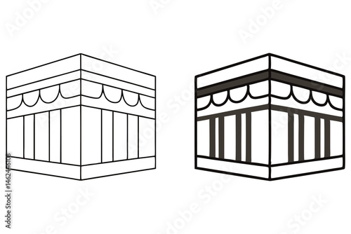 Outlined Kaaba structure showcases both blank and fully filled in version on a transparent background