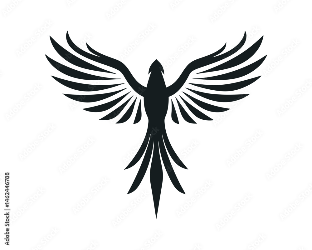 Obraz premium Elegant bird silhouette with spread wings, monochrome avian vector icon on a white background