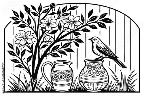 18 Black and white illustration, botanical still life, intricate floral arrangement, detailed birds, ceramic vases and jugs, ornate patterns, perched doves, lush foliage, delicate petals, naturalistic
