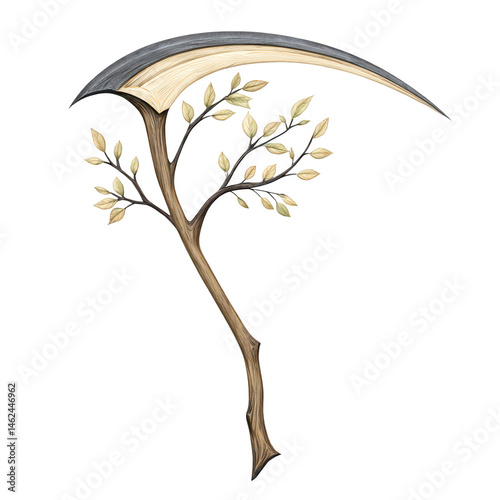 An artistic watercolor painting displays a unique scythe made of tree branch.