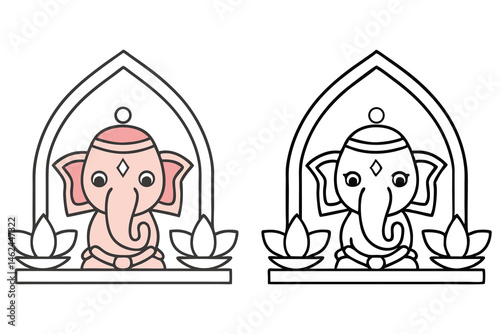 Ganesha with lotus flowers sits beneath an archway, halfcolored in pink and red, transparent background