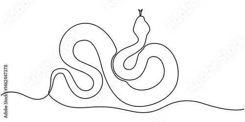 Continuous one line drawing snake cobra, Snake one line art,hand drawn continuous drawing contour,symbol of new year 2025.Poisonous reptile serpent outline,wildlife nature concept.Editable stroke. photo