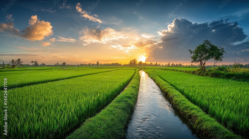 Obraz premium Serene Sunset over Lush Rice Paddies