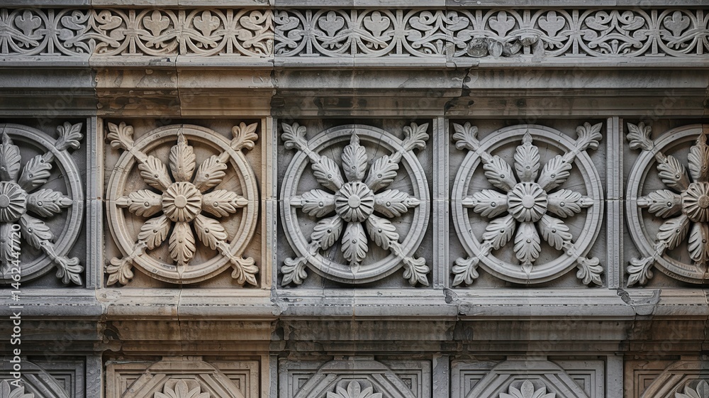 Ornate Stone Carvings with Floral Rosettes and Geometric Pattern Ornate Stone Carvings with Floral Rosettes and Geometric Pattern