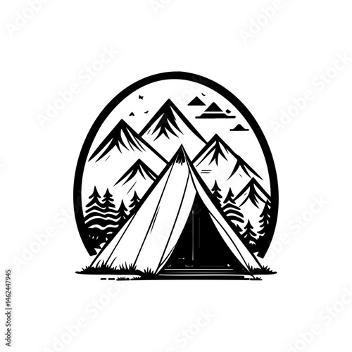 Serene Mountain Escape: Minimalist Camping Scene in Black and White Illustration