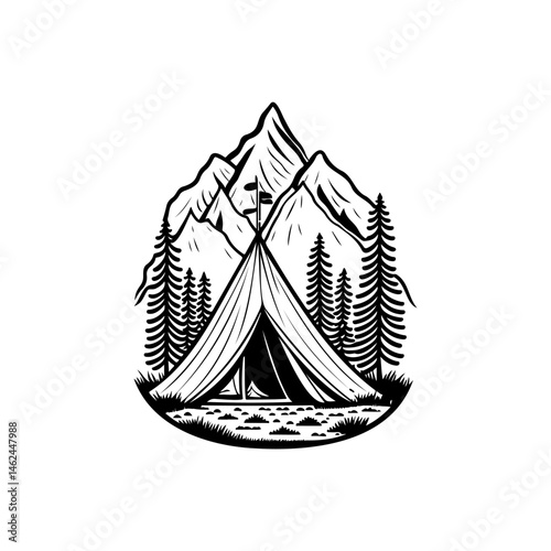 Monochrome camping retreat illustration with towering peaks and nature's embrace