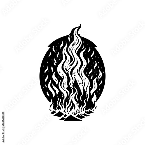 Monochromatic abstract portrayal of fire against a solid oval shape background