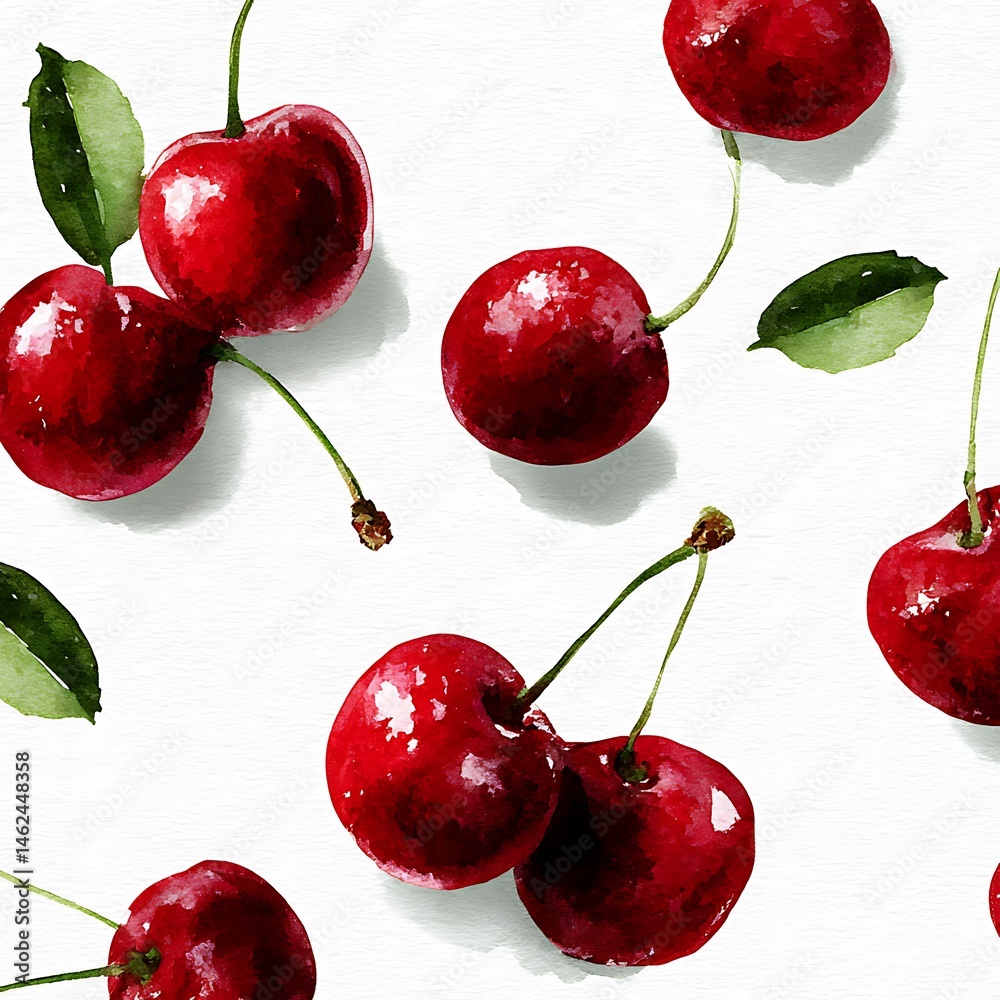 Vibrant Watercolor Cherry Pattern Design Studio Art Seamless White Background Creative Floral Aesthetic