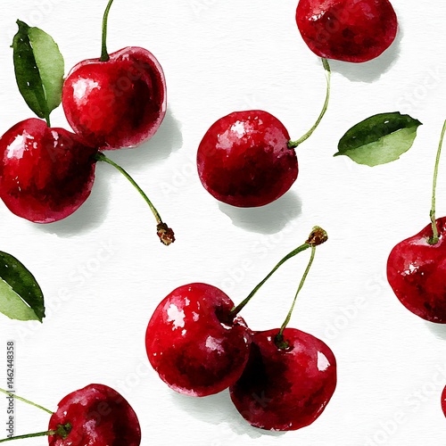 Vibrant Watercolor Cherry Pattern Design Studio Art Seamless White Background Creative Floral Aesthetic