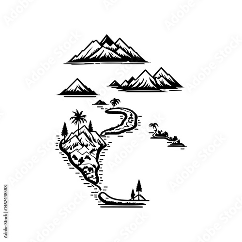 Monochromatic depiction of a scenic landscape featuring mountains and islands