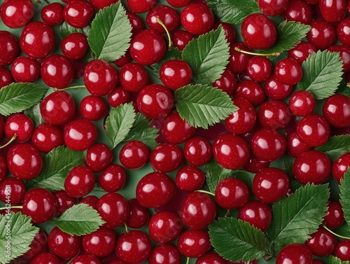 Fresh Cherries with Leaves photo