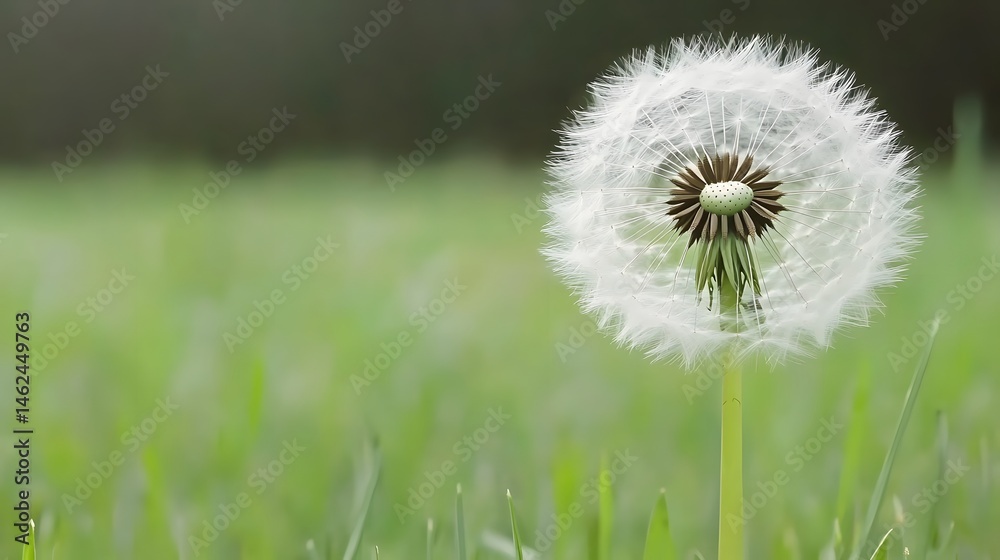 Fototapeta premium Fluffy Dandelion Seed Head in Green Grass Field