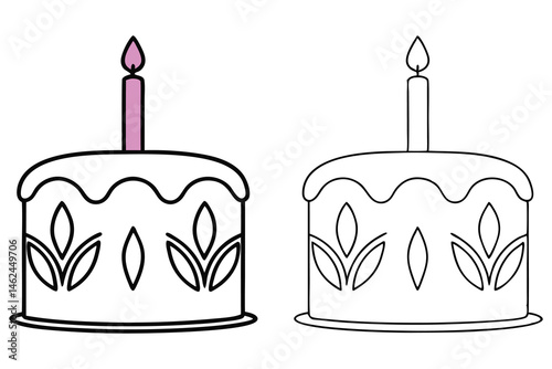 Two simple cakes feature frosted toppings and candles, one in pink, transparent background