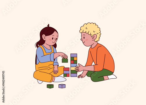 Brother and sister playing together on floor. Siblings stacking colorful cubes. Smiling children interaction. Colored flat graphic vector illustration isolated on light background.