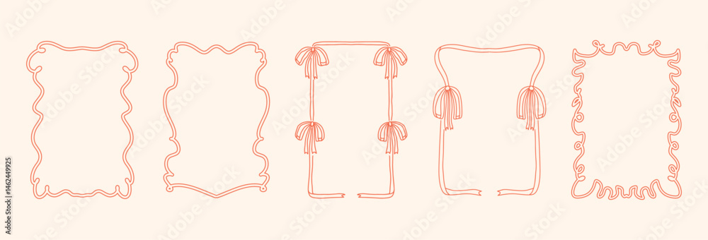Set of Hand Drawn Ribbon Frames. Wavy and Ornate Borders with Bows in Vintage Coquette Style. Minimalist Red Outline on Light Background. Vector Illustration for Greeting Card, Invitation Template Set of Hand Drawn Ribbon Frames. Wavy and Ornate Borders with Bows in Vintage Coquette Style. Minimalist Red Outline on Light Background. Vector Illustration for Greeting Card, Invitation Template