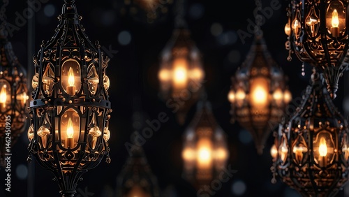 Ornate Hanging Lanterns with Intricate Designs and Warm Glow on Dark Background