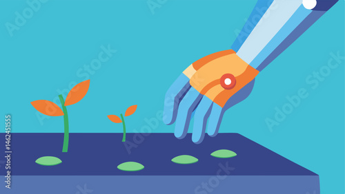 Robotic Gardening A bionic hand planting seeds in a small garden bed with soil being expertly handled demonstrating its grip and gentle touch.