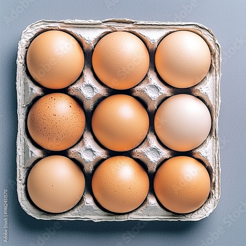 A carton of fresh eggs, various shades, arranged neatly.