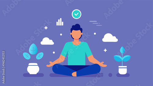 Mindfulness Practices A biohacker practicing meditation or yoga surrounded by calming elements with an infographic highlighting the impact of stress reduction on health.